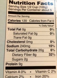 Lentils Nutrition Label on Box